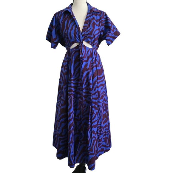 Anthropologie Twist Waist Midi Shirt Dress XS Blue Purple Zebra Print Cut-Out - Picture 3 of 12